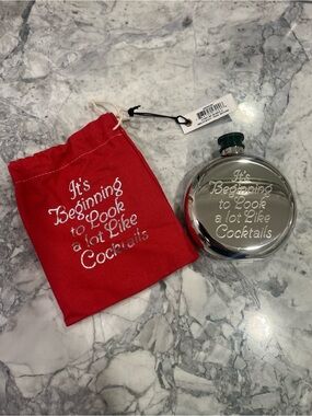 Inscribed Round Silver Flask with Red Embroidered Pouch